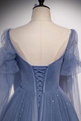 Blue Tulle Beading Long Prom Dresses, A-Line Formal Evening Dresses