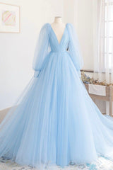 Blue V-Neck Tulle Long Prom Dress, Long Sleeve A-Line Evening Party Dress