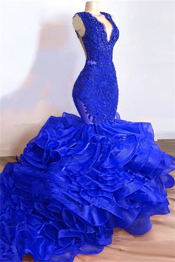 2024 Royal Blue Mermaid V Neck Organza Layered Lace Long Prom Dresses