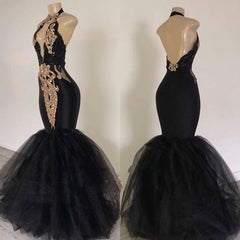 2024 Sexy Prom Dresses, Black Mermaid Tulle With Gold Appliques V Neck Backless