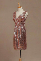 Rose Gold Sequin V-Neck Backless Short Bridesmaid Dress