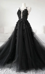 Black Tulle Lace Long Prom Dress, Black Lace Evening Dress, 2303