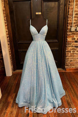 Blue A Line V Neck Simple Sequin Formal Evening Dresses Long Prom Dresses