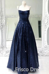 Stunning Sleeveless A Line Navy Blue Sequin Prom Dresses