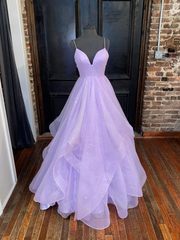 A Line V Neck Shiny Purple Long Prom Dresses, Shiny V Neck Purple Formal Evening Dresses