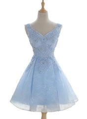 Light Blue Cute V Neckline Lace Short Party Dress, Lace Formal Dress, Lace Party Dresses, B0622
