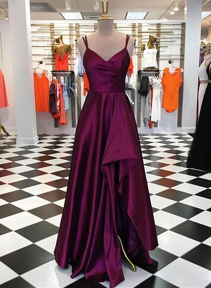Purple Spaghetti Straps Sleeveless Long Prom Dresses, Split Evening Dresses, B0975