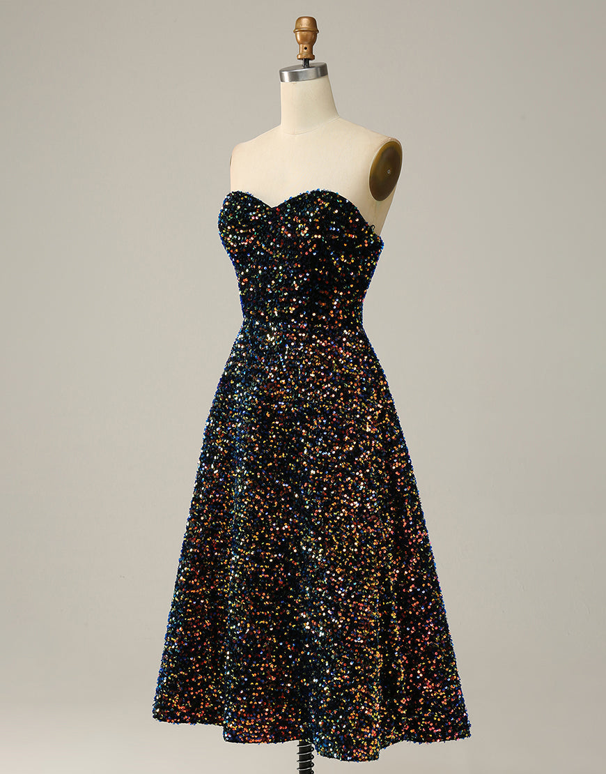 Black A-Line Tea Length Strapless Glitter Sequin Party Dress