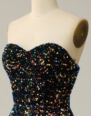 Black A-Line Tea Length Strapless Glitter Sequin Party Dress