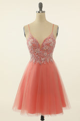 Blush Appliques Tulle Cute Homecoming Dress