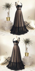 Vintage Polka Dots Spaghetti Straps Black Long Prom Dress