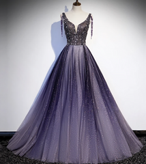 Charmant violet gradient tulle v décolleté longue robe de fête, une robe de bal de ligne
