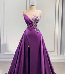 Purple Mermaid Dress With High Slit Detachable Train Wedding Reception Dress, Satin Lace Wedding Dress, African Prom Dress, Evening Dress