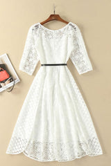 Elegant White Half Sleeve Lace Round Neck Homecoming Dresses, Belt Ankle Knee Prom Dress, H1127