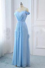 Light Sky Blue A Line Off The Shoulder Natural Waist Ruched Prom Dress, Lace Up Party Dress