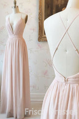 Simple V Neck Zipper Back Floor Length Pink Chiffon Long Elegant Bridesmaid Dresses