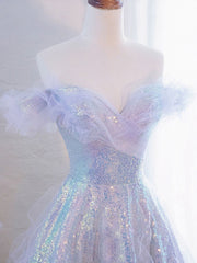 Purple Off Shoulder Sequin Tulle Long Prom Dress, Purple Formal Evening Dresses