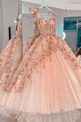Princess Sparkly Sweetheart Prom Dresses with 3d Flowers, Pink Quinceanera Dresses