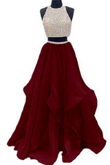 Two Piece High Neck Burgundy Prom Dress, Beaded Open Back Evening Gowns