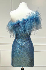 Light Blue Sparkly Tight Sequins Homecoming Dress with Feathers