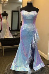 Plus Size Light Blue Sweetheart Mermaid Sequins Long Prom Dress with Feathers
