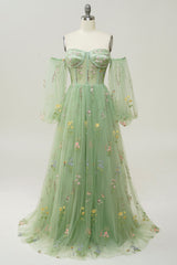 Green Off The Shoulder Long Sleeves A-Line Prom Dress