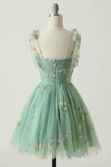 Green Spaghetti Straps Short Homecoming Dress with Embroidery