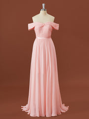A-line Chiffon Off-the-Shoulder Pleated Sweep Train Bridesmaid Dress