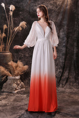 A Line Deep V-Neck Long Sleeve Ombre Silk Like Floor Length Prom Dresses