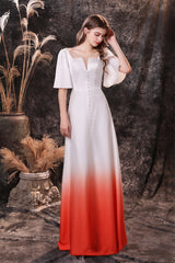 A Line Half Sleeves Ombre Silk Like Satin Floor Length Prom Dresses