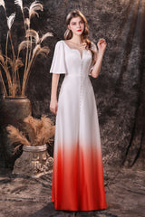 A Line Half Sleeves Ombre Silk Like Satin Floor Length Prom Dresses