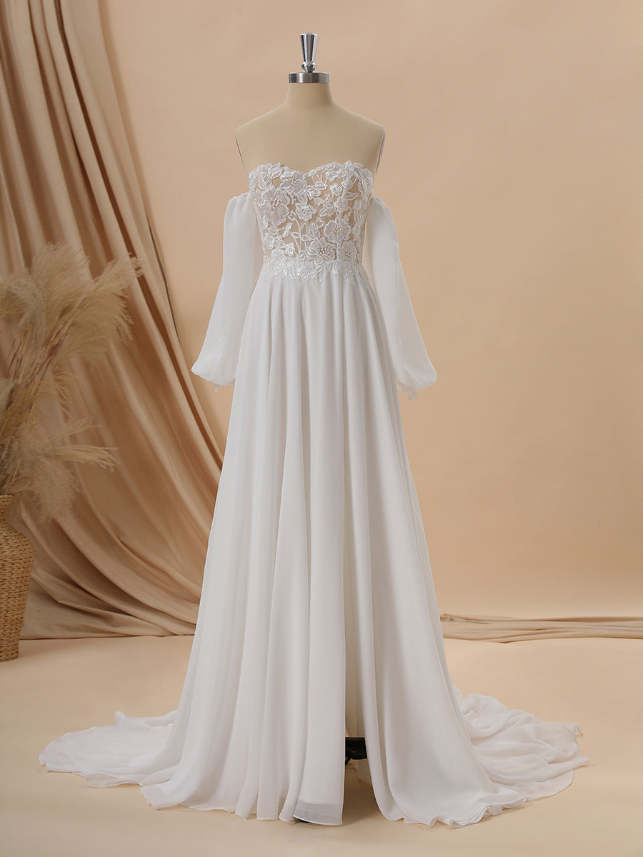 A-line Long Sleeves Chiffon Sweetheart Appliques Lace Court Train Corset Convertible Wedding Dress