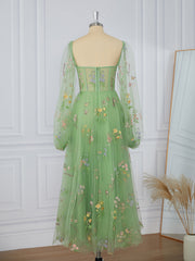 A-line Long Sleeves Lace Sweetheart Flower Corset Tea-Length Dress