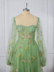 A-line Long Sleeves Lace Sweetheart Flower Corset Tea-Length Dress