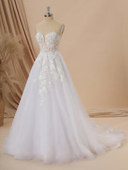 A-line Long Sleeves Tulle Sweetheart Appliques Lace Chapel Train Corset Convertible Wedding Dress