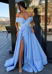 A Line Off The Shoulder Cap Straps Sweep Train Satin Prom Dress With Pleated Split