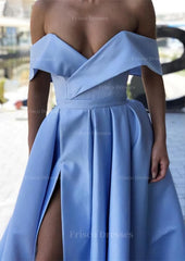 A Line Off The Shoulder Cap Straps Sweep Train Satin Prom Dress With Pleated Split