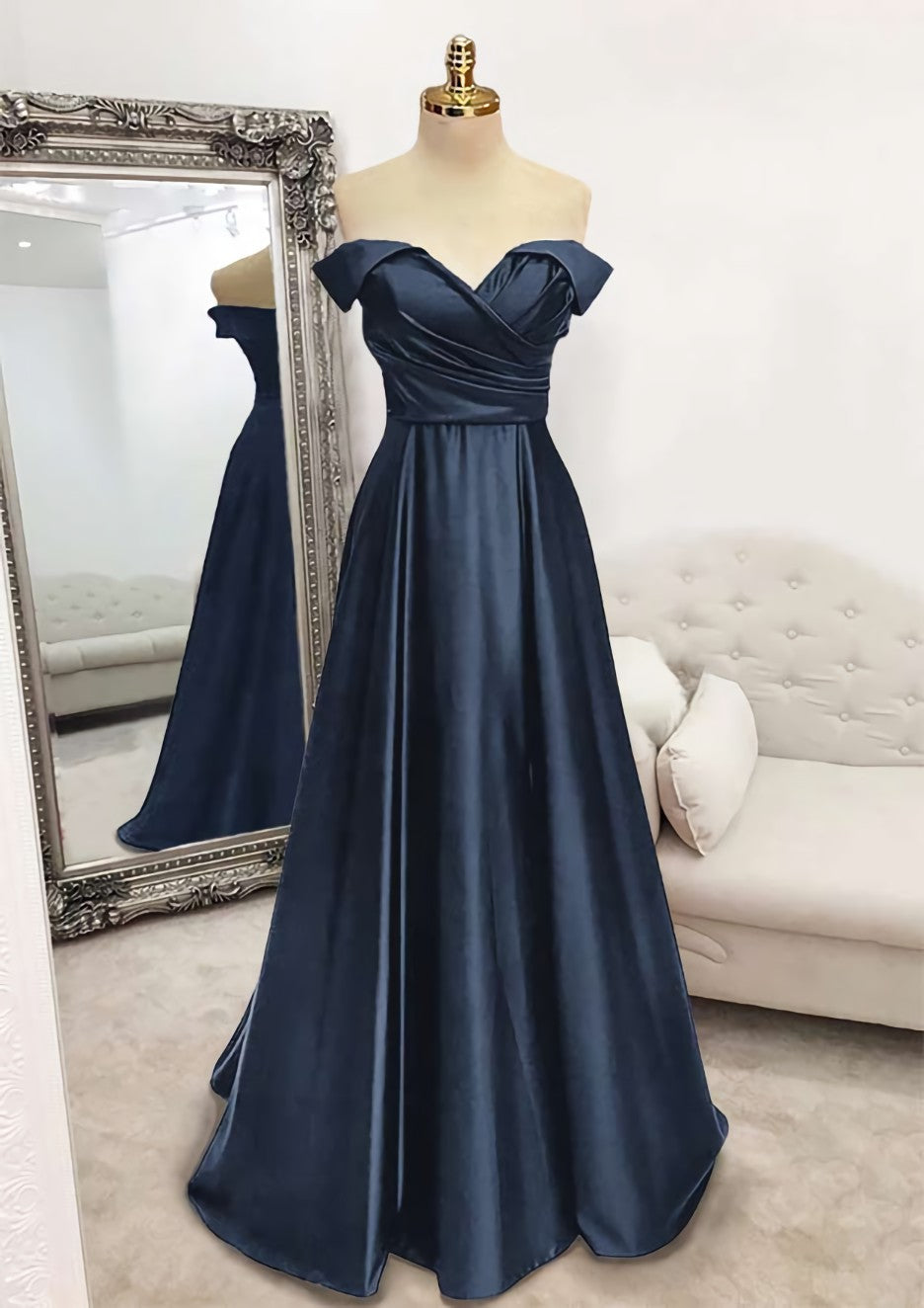 A Line Off The Shoulder Sleeveless Long Floor Length Satin Prom Dress With Pleated