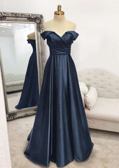 A Line Off The Shoulder Sleeveless Long Floor Length Satin Prom Dress With Pleated