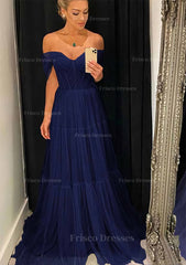 A Line Off The Shoulder Sleeveless Sweep Train Tulle Prom Dress With Pleated