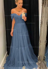 A Line Off The Shoulder Sleeveless Sweep Train Tulle Prom Dress With Pleated