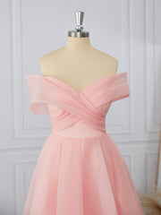 A-line Organza Off-the-Shoulder Pleated Tea-Length Dress