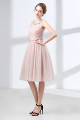 A-Line Pink Tulle Lace Pleats Knee Length Homecoming Dresses