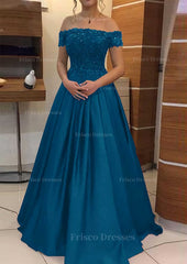 A Line Princess Off The Shoulder Sleeveless Long Floor Length Elastic Satin Prom Dress With Lace Pleated