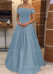 A Line Princess Off The Shoulder Sleeveless Long Floor Length Elastic Satin Prom Dress With Lace Pleated