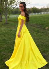 A Line Princess Off The Shoulder Sleeveless Sweep Train Satin Prom Dress With Low Back