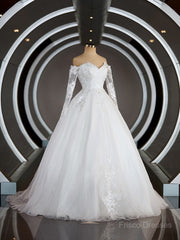 A-Line/Princess Off-the-Shoulder Sweep Train Tulle Wedding Dresses with Appliques Lace