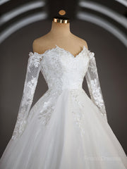 A-Line/Princess Off-the-Shoulder Sweep Train Tulle Wedding Dresses with Appliques Lace