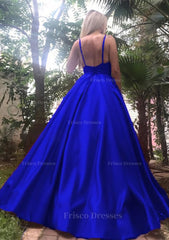 A Line Princess V Neck Sleeveless Long Floor Length Satin Prom Dress