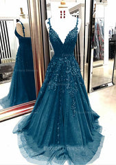 A Line Princess V Neck Sleeveless Sweep Train Tulle Prom Dress With Appliqued